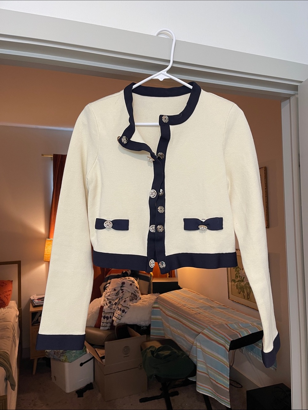 Miss Rosier Cream and Navy Cropped Button Cardigan